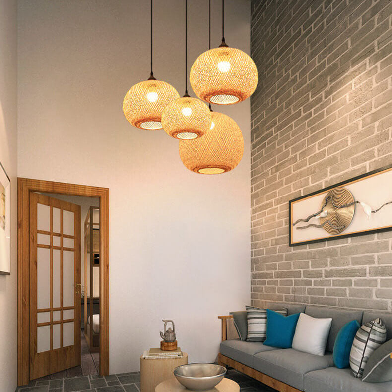 Beige Bamboo Weaving Round Pendant Light - 1-Light Japanese Design