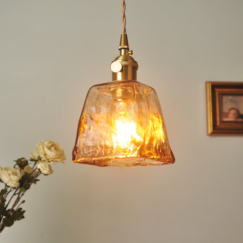 Contemporary Retro Brass Geometric Pendant Light with Amber Shade