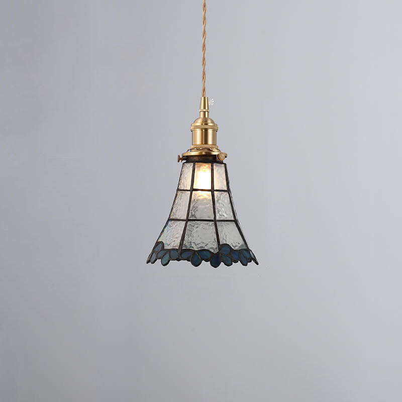 Japanese Vintage Brass Stained Glass Cone Pendant Light - 1-Light