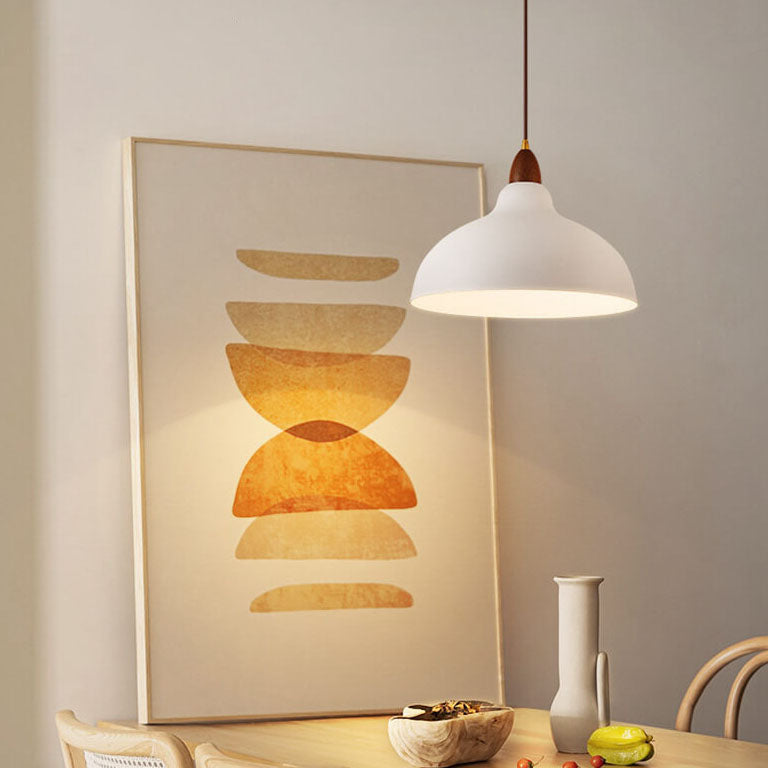 Japanese Simple Iron Dome Solid Wood 1-Light Pendant Lamp