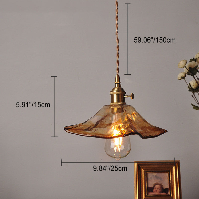 Contemporary Retro Brass Geometric Pendant Light with Amber Shade