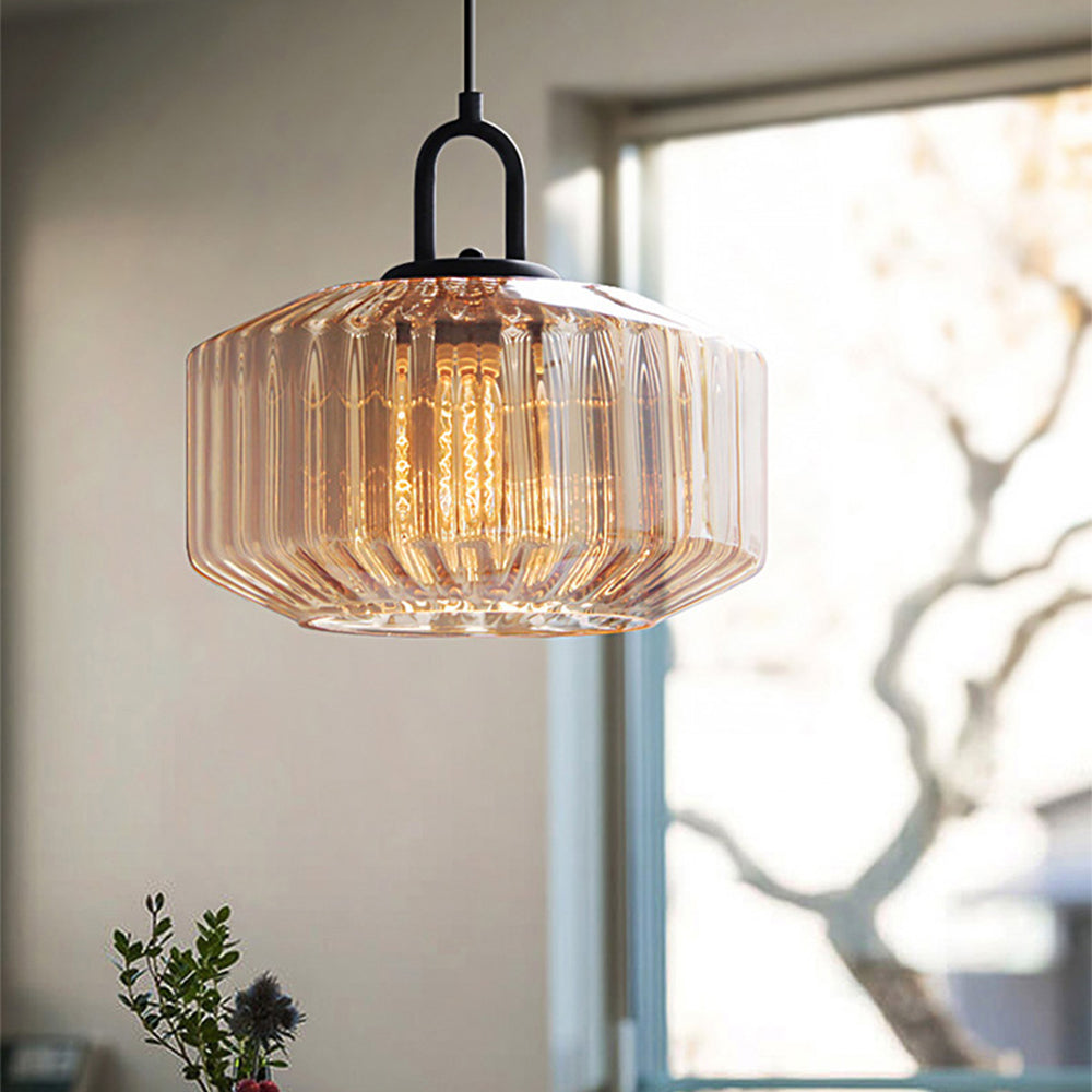 Mid Century Striped Glass Pendant Light - Retro Elegance & Warm Glow