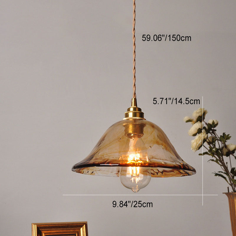 Contemporary Retro Brass Geometric Pendant Light with Amber Shade