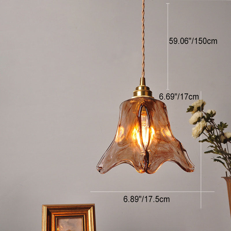 Contemporary Retro Brass Geometric Pendant Light with Amber Shade