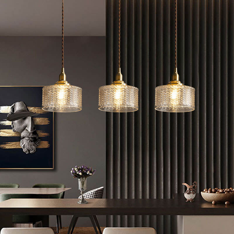 Textured Wavy Glass Drum Pendant Light - Elegant 1-Light Fixture