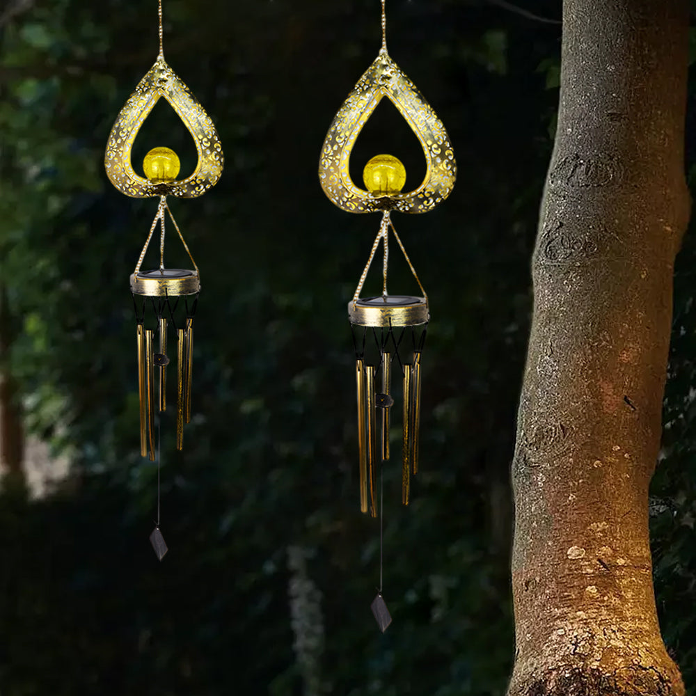 Solar-Powered Iron Heart Wind Chimes Pendant - LED & Waterproof