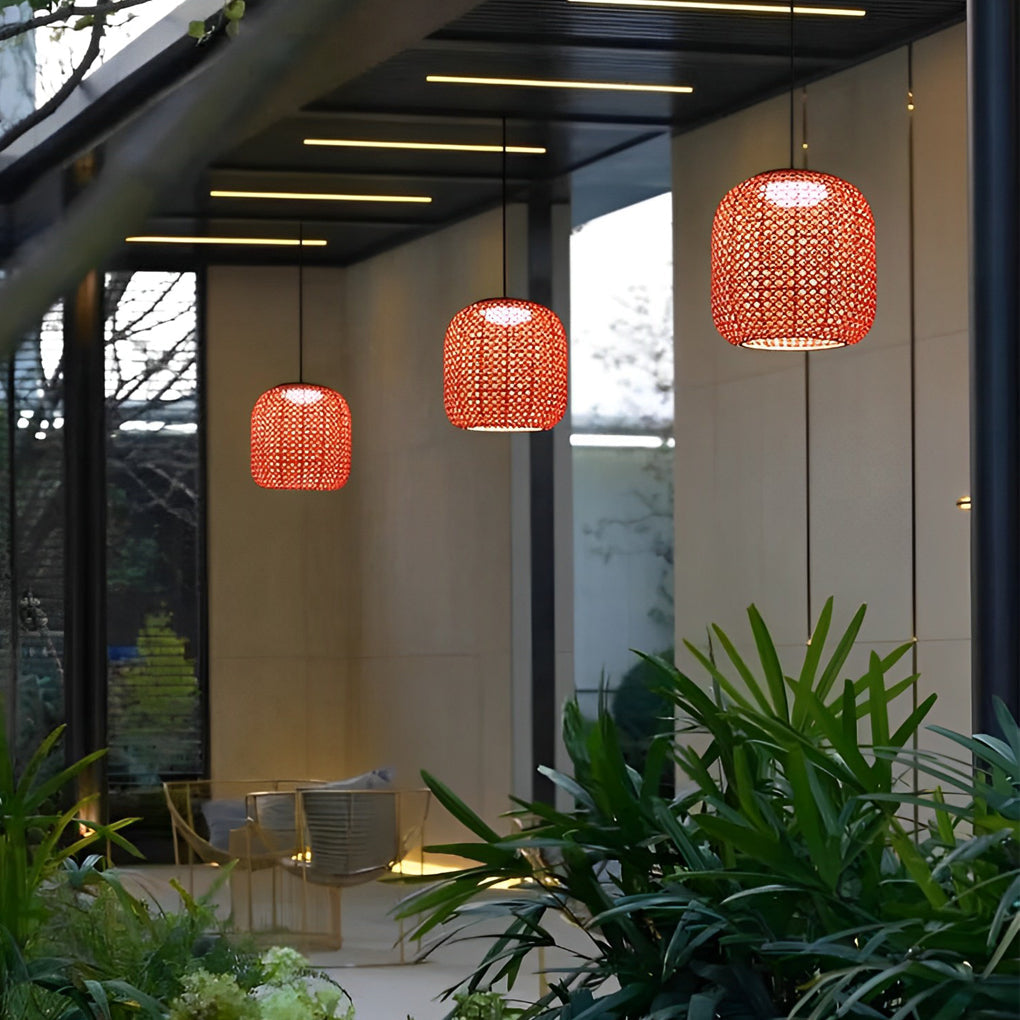 Waterproof LED Rattan Lanterns - Modern Red Outdoor Chandelier