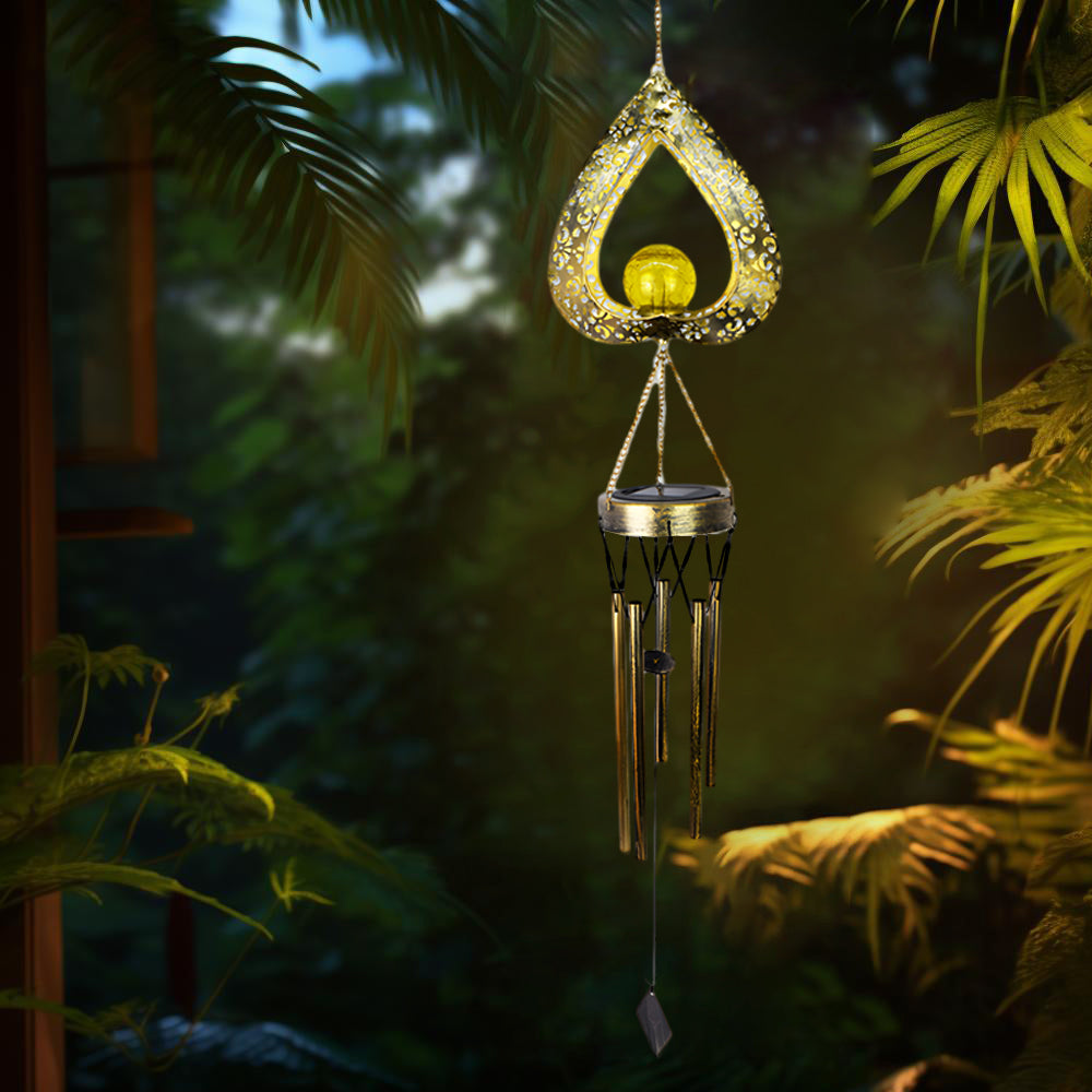 Solar-Powered Iron Heart Wind Chimes Pendant - LED & Waterproof