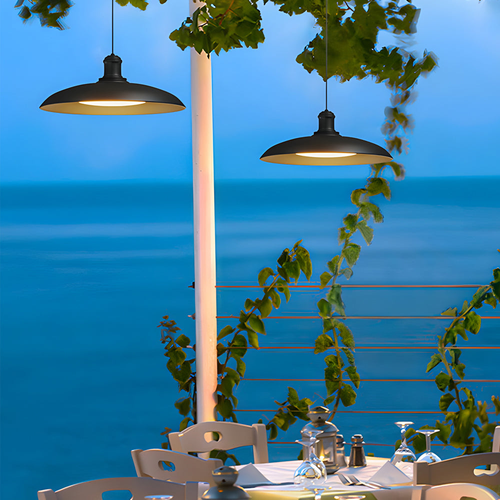 Stylish Round Black Outdoor Pendant Light - Metal Saucer Design