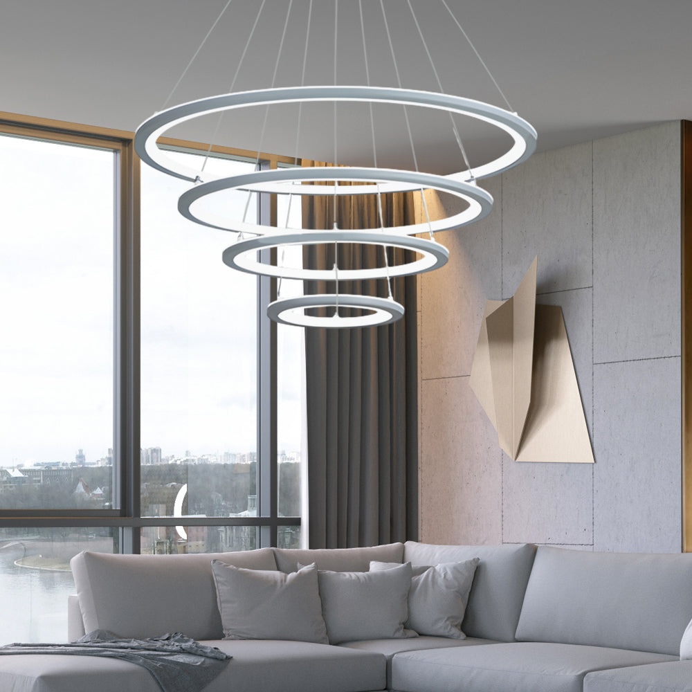 Elegant 4-Ring LED Chandelier with Remote - Mid-Century Design