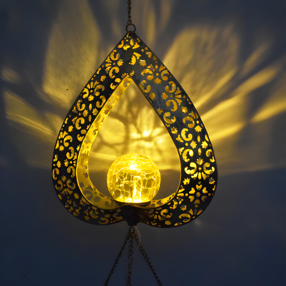 Solar-Powered Iron Heart Wind Chimes Pendant - LED & Waterproof