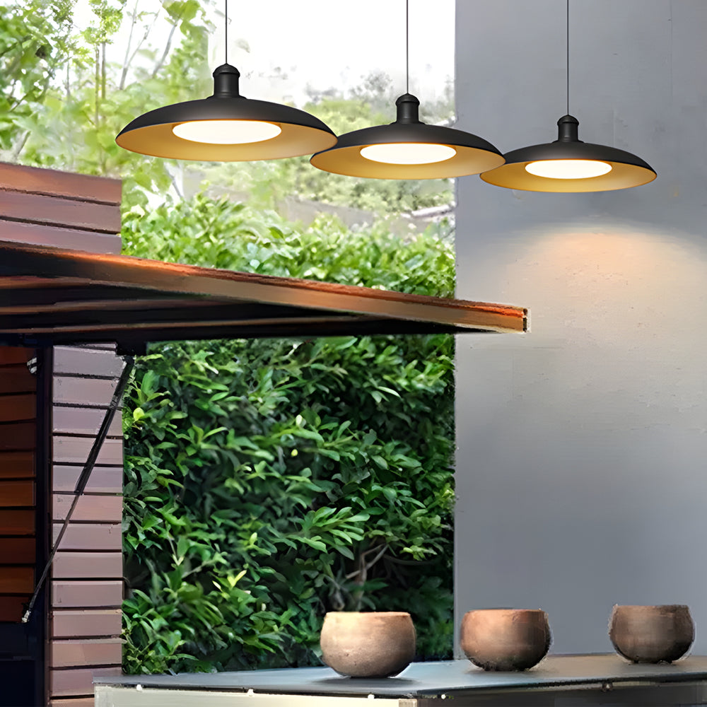 Stylish Round Black Outdoor Pendant Light - Metal Saucer Design