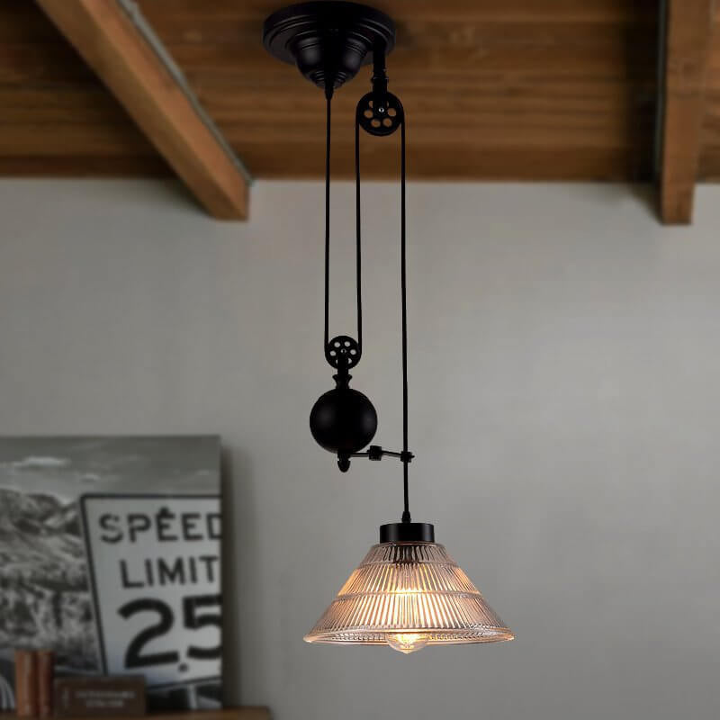 Industrial Retro Glass Pendant Light with Pulley - 1-Light Fixture