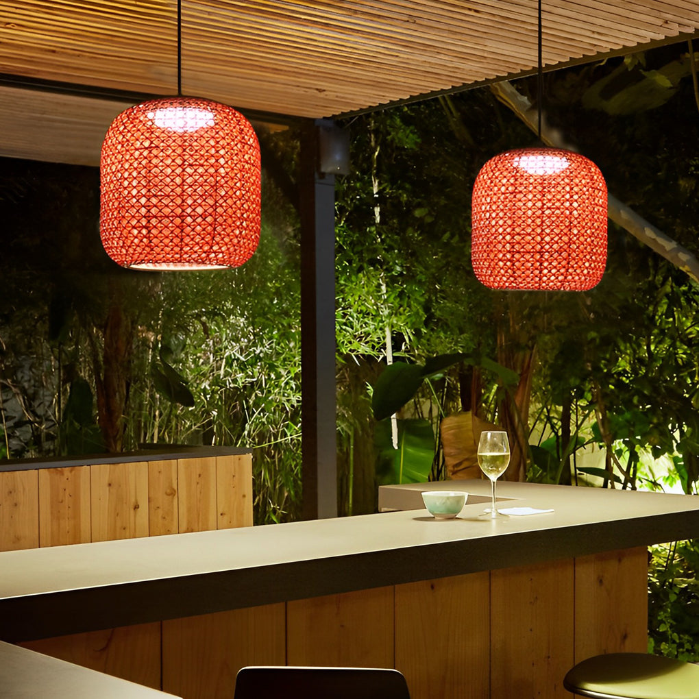 Waterproof LED Rattan Lanterns - Modern Red Outdoor Chandelier