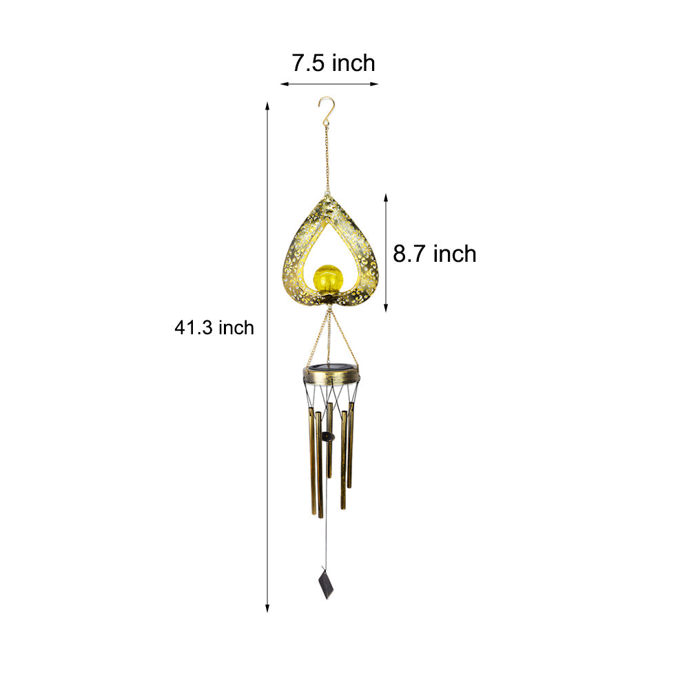 Solar-Powered Iron Heart Wind Chimes Pendant - LED & Waterproof