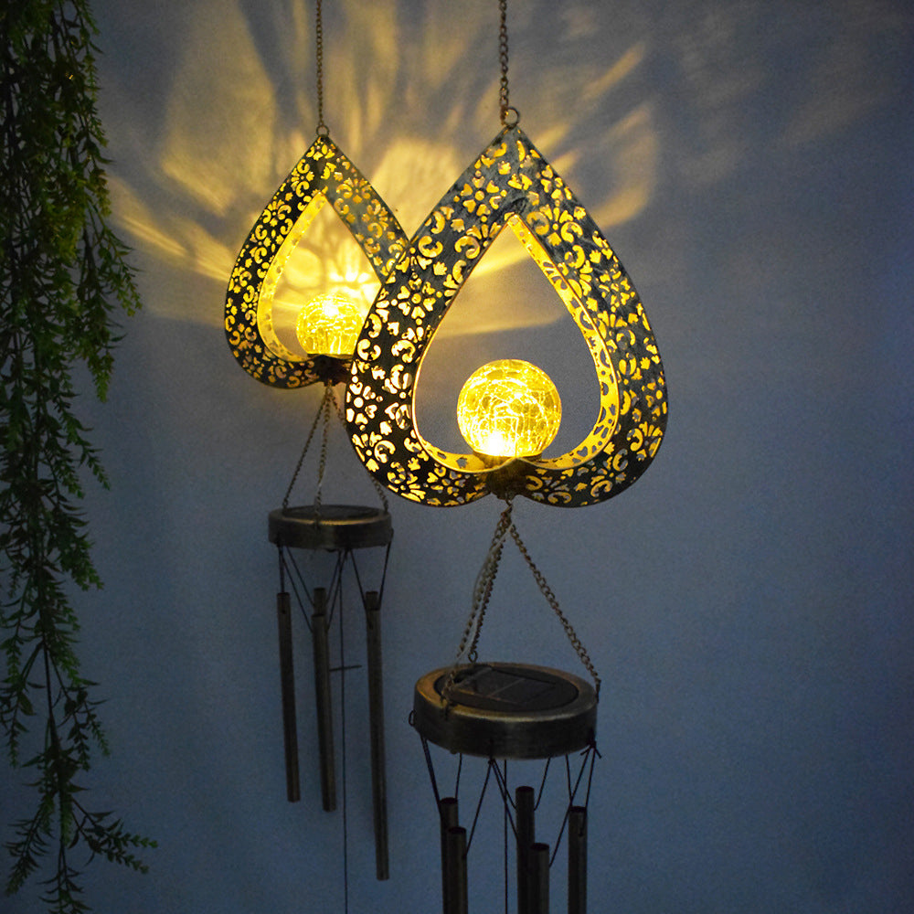 Solar-Powered Iron Heart Wind Chimes Pendant - LED & Waterproof