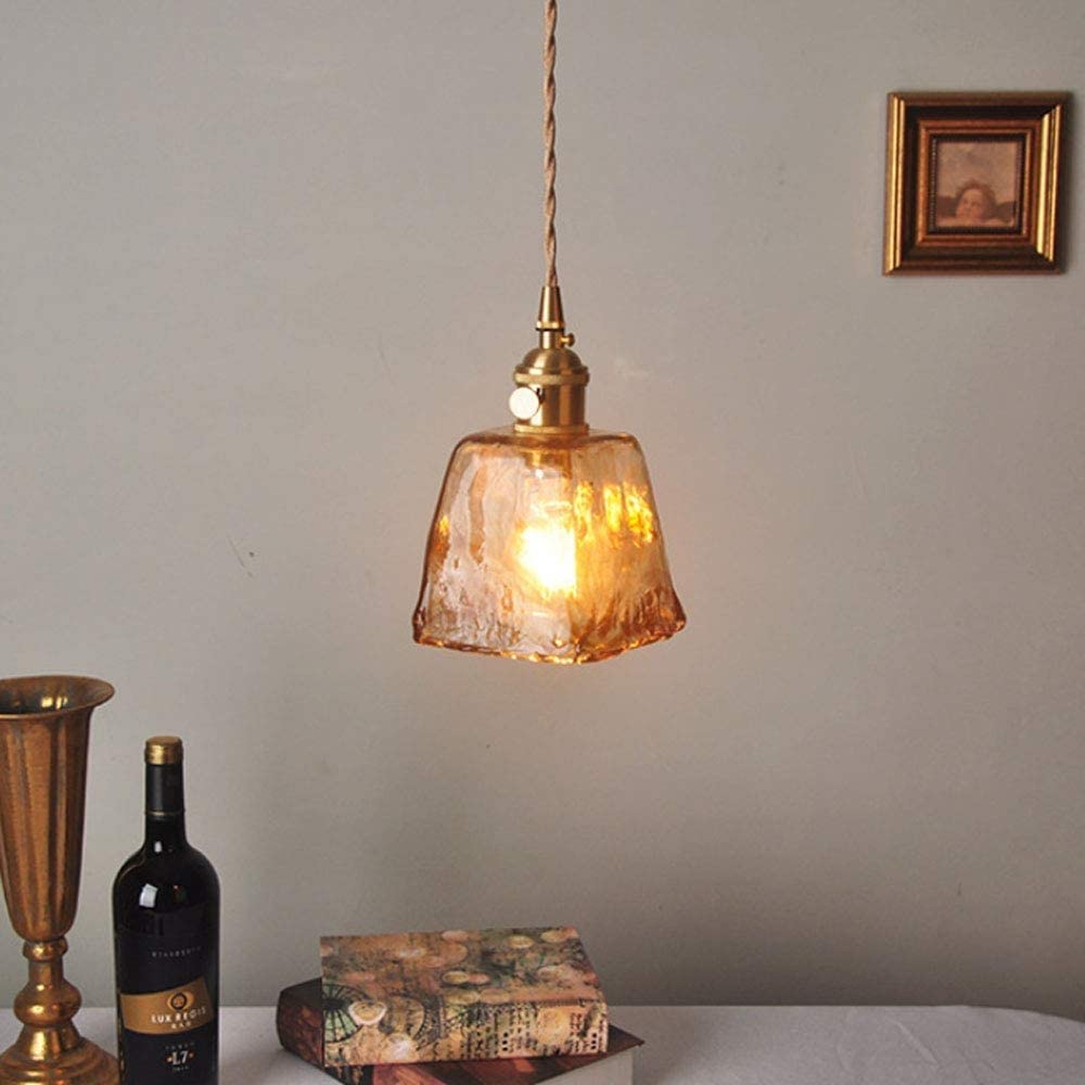 Contemporary Retro Brass Geometric Pendant Light with Amber Shade