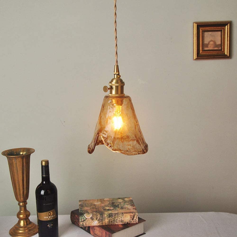 Contemporary Retro Brass Geometric Pendant Light with Amber Shade