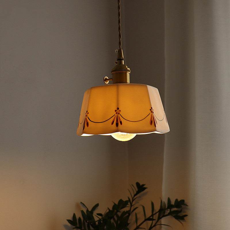 Elegant French Antique Brass Ceramic Pendant Light - 1-Light