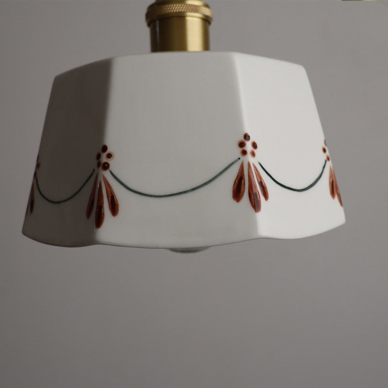 Elegant French Antique Brass Ceramic Pendant Light - 1-Light