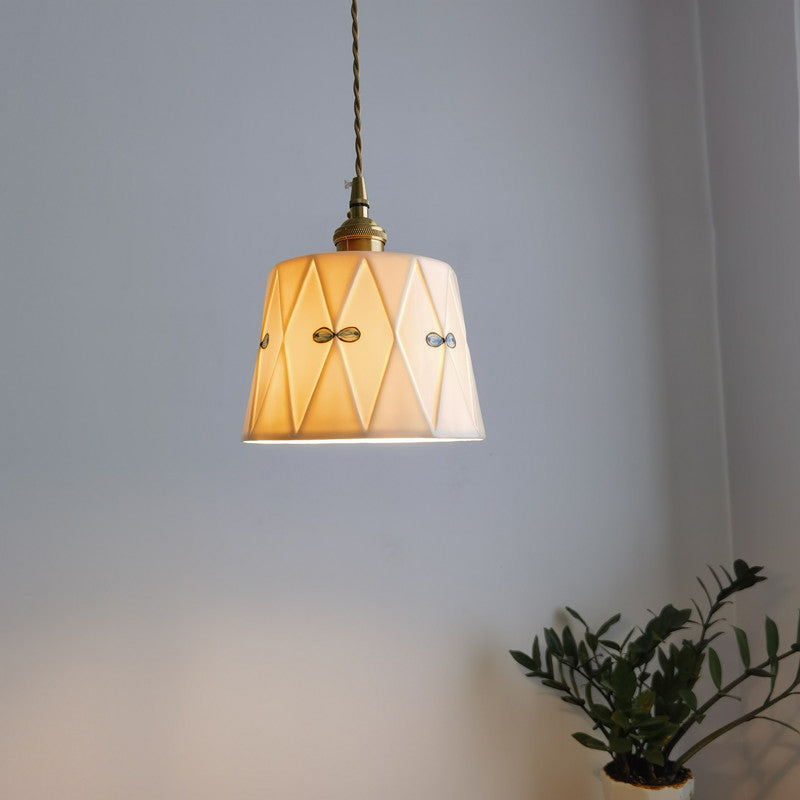 Elegant French Antique Brass Ceramic Pendant Light - 1-Light