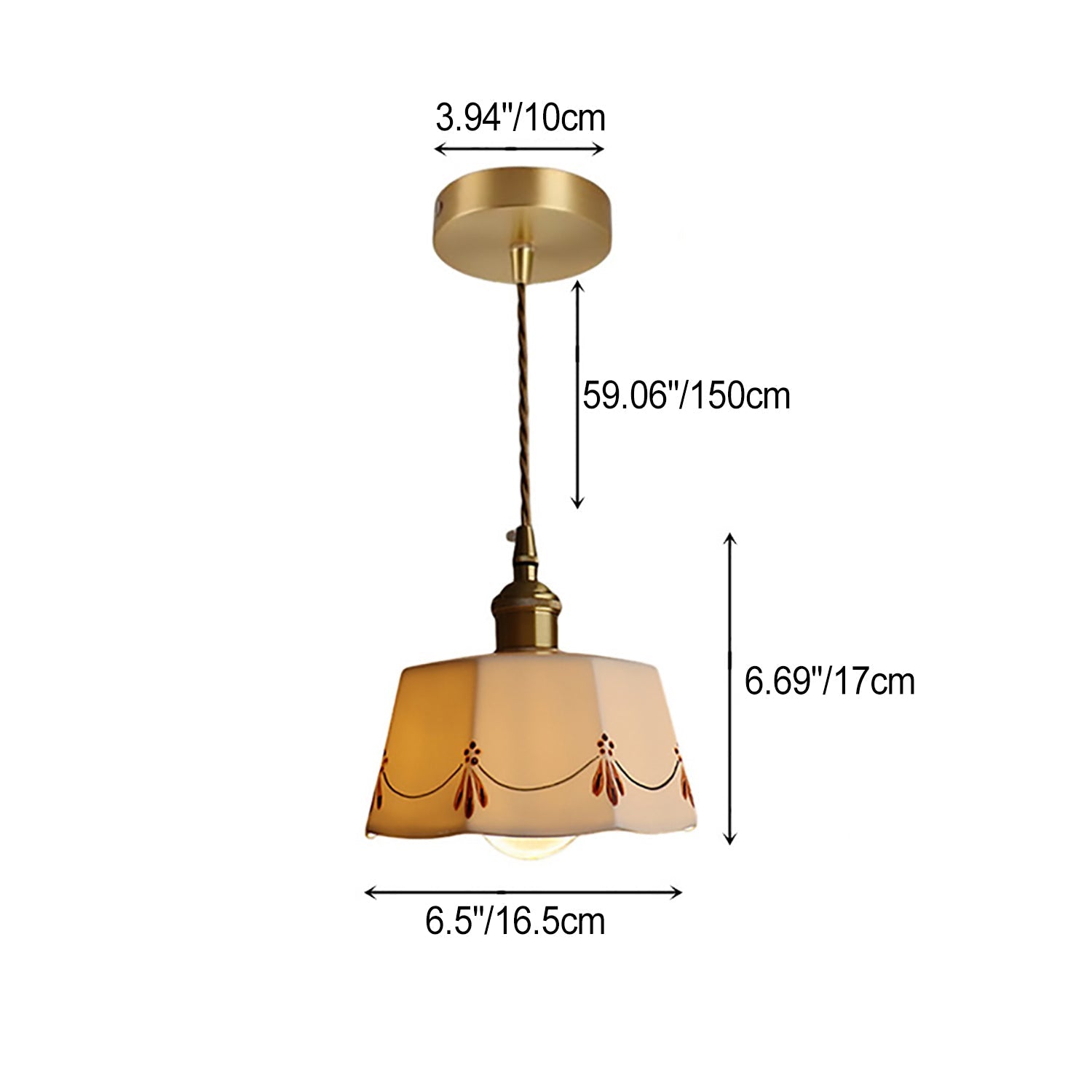 Elegant French Antique Brass Ceramic Pendant Light - 1-Light