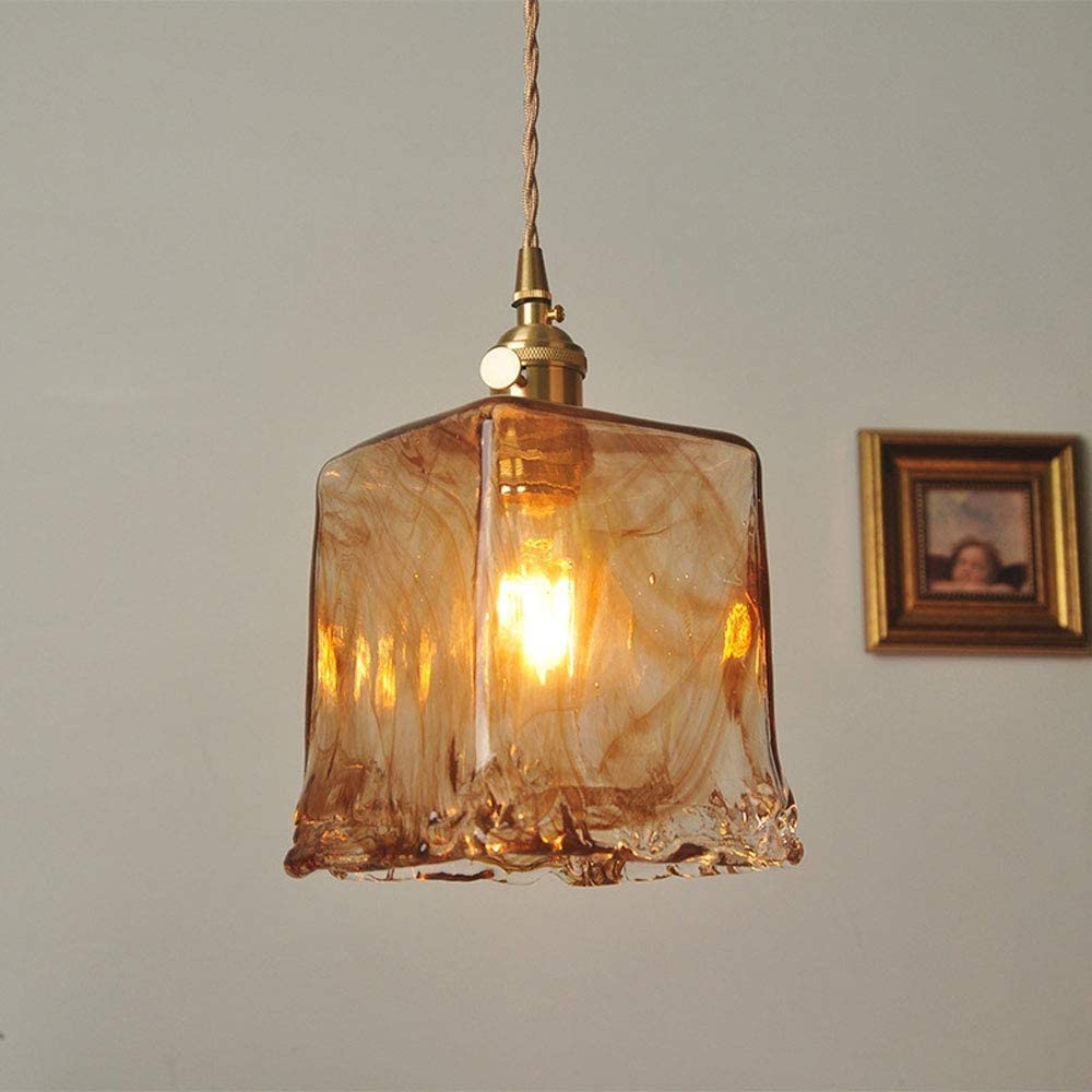 Contemporary Retro Brass Geometric Pendant Light with Amber Shade