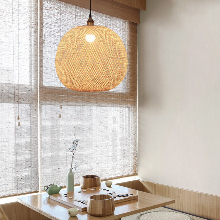 Beige Bamboo Weaving Round Pendant Light - 1-Light Japanese Design