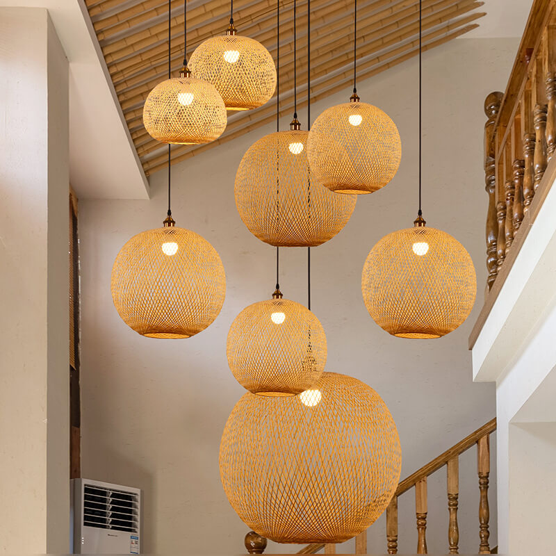 Beige Bamboo Weaving Round Pendant Light - 1-Light Japanese Design