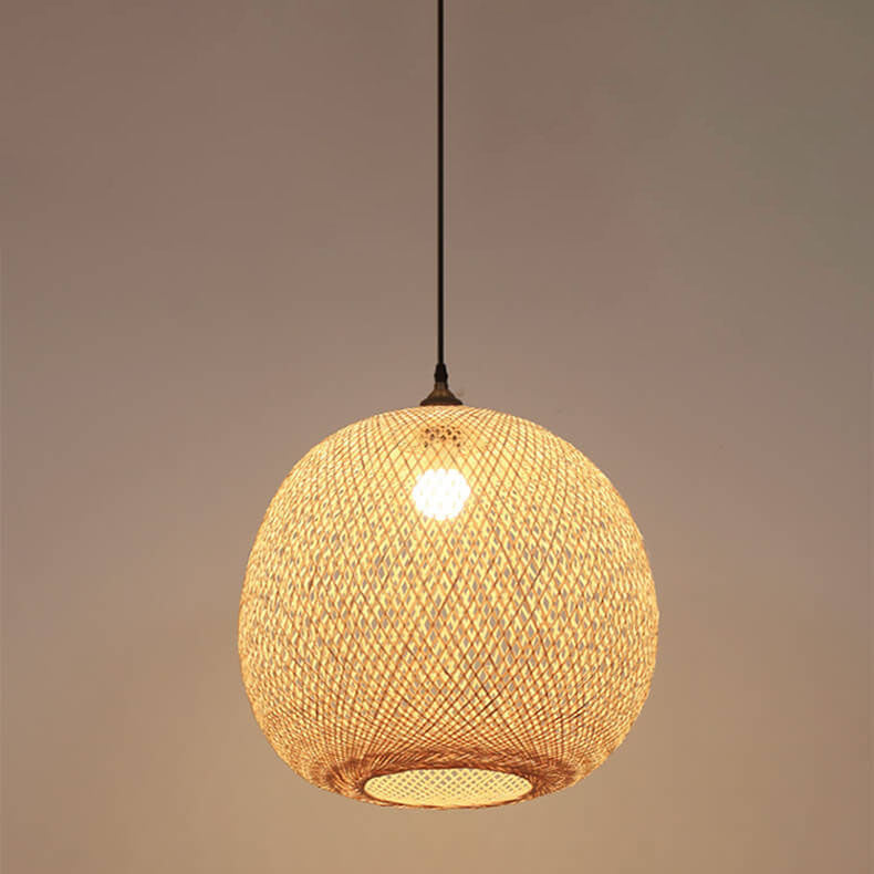 Beige Bamboo Weaving Round Pendant Light - 1-Light Japanese Design