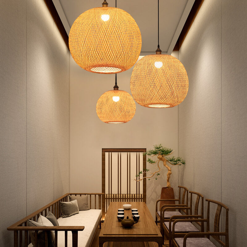 Beige Bamboo Weaving Round Pendant Light - 1-Light Japanese Design