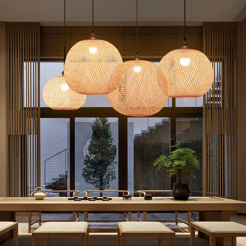 Beige Bamboo Weaving Round Pendant Light - 1-Light Japanese Design