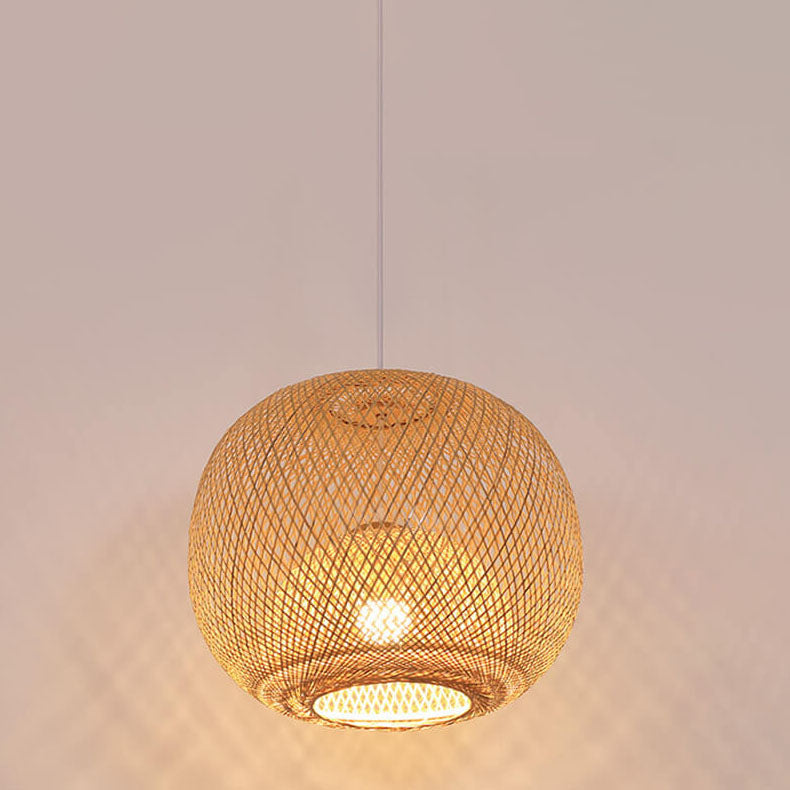 Beige Bamboo Weaving Round Pendant Light - 1-Light Japanese Design