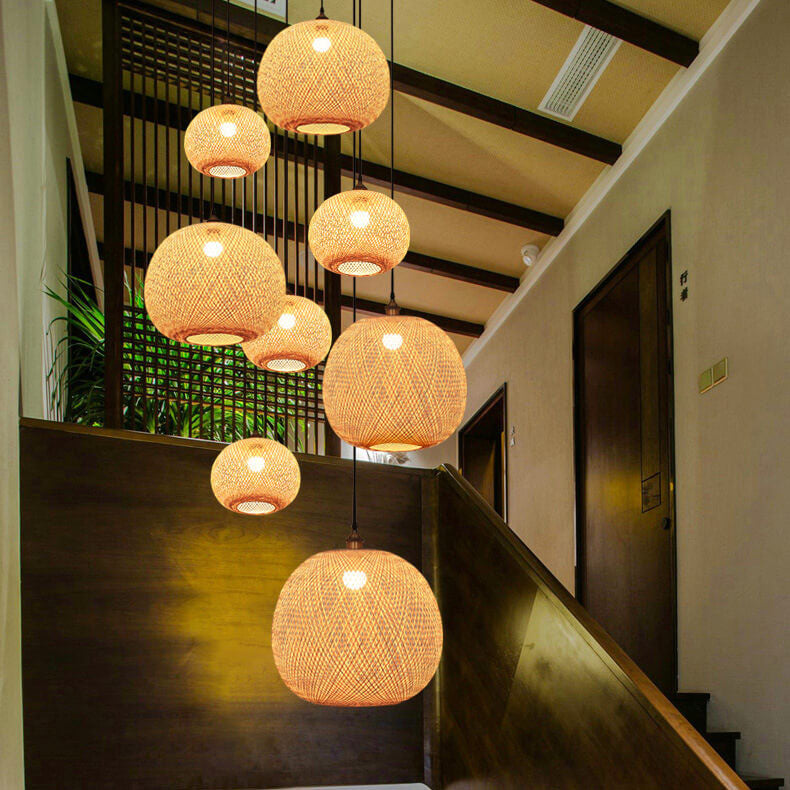 Beige Bamboo Weaving Round Pendant Light - 1-Light Japanese Design