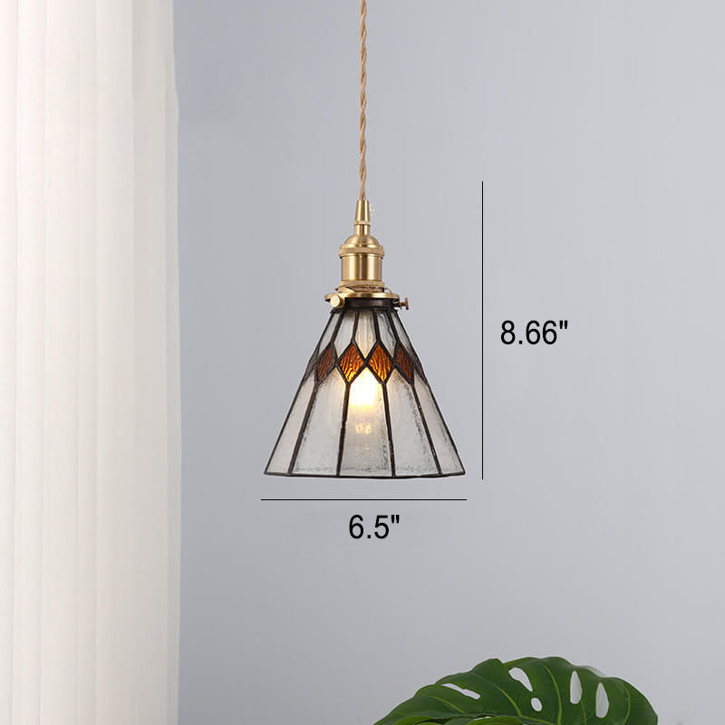 Japanese Vintage Brass Stained Glass Cone Pendant Light - 1-Light