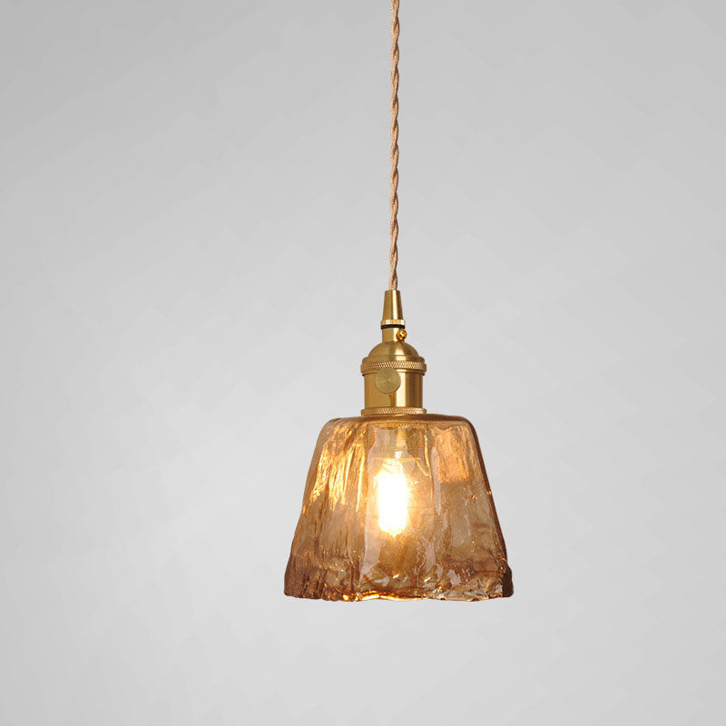 Contemporary Retro Brass Geometric Pendant Light with Amber Shade