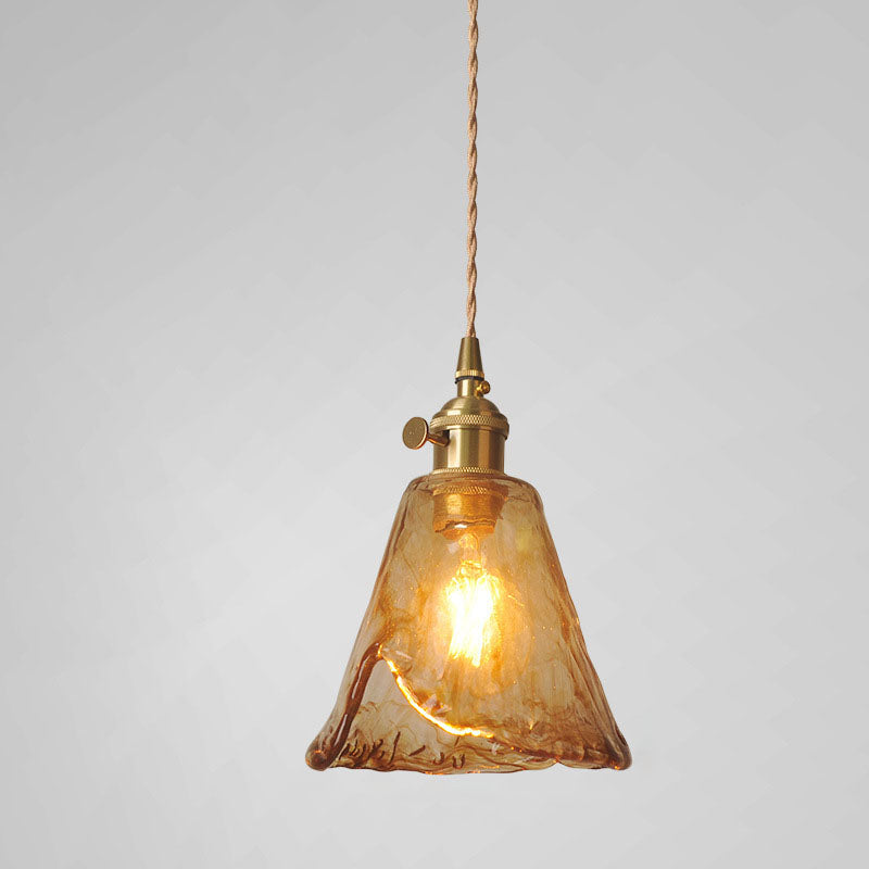 Contemporary Retro Brass Geometric Pendant Light with Amber Shade