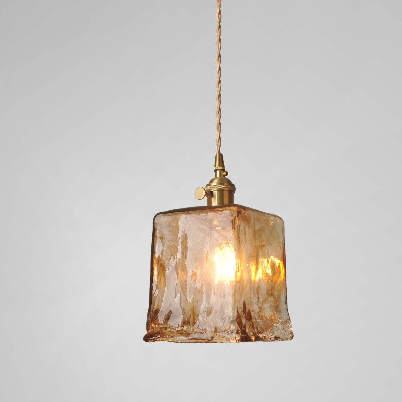 Contemporary Retro Brass Geometric Pendant Light with Amber Shade