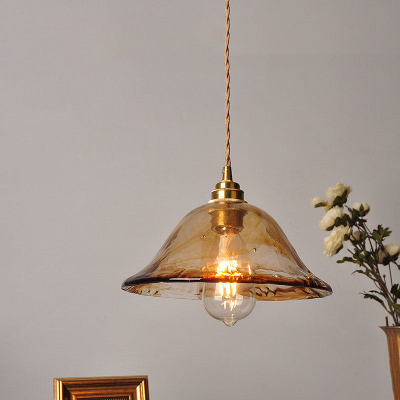 Contemporary Retro Brass Geometric Pendant Light with Amber Shade