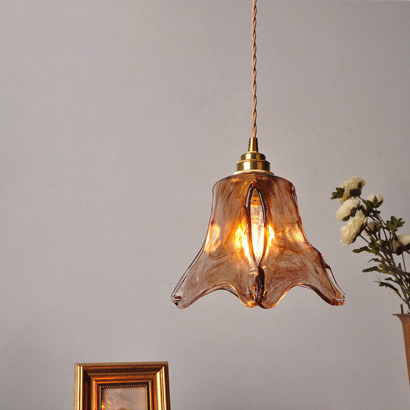 Contemporary Retro Brass Geometric Pendant Light with Amber Shade