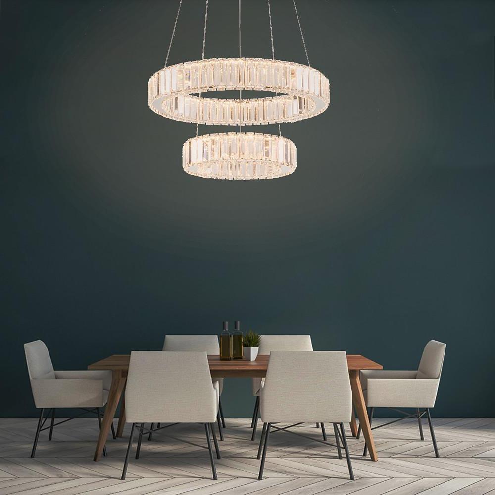 Elegant 2-Ring Steel Crystal LED Chandelier - Modern Lighting