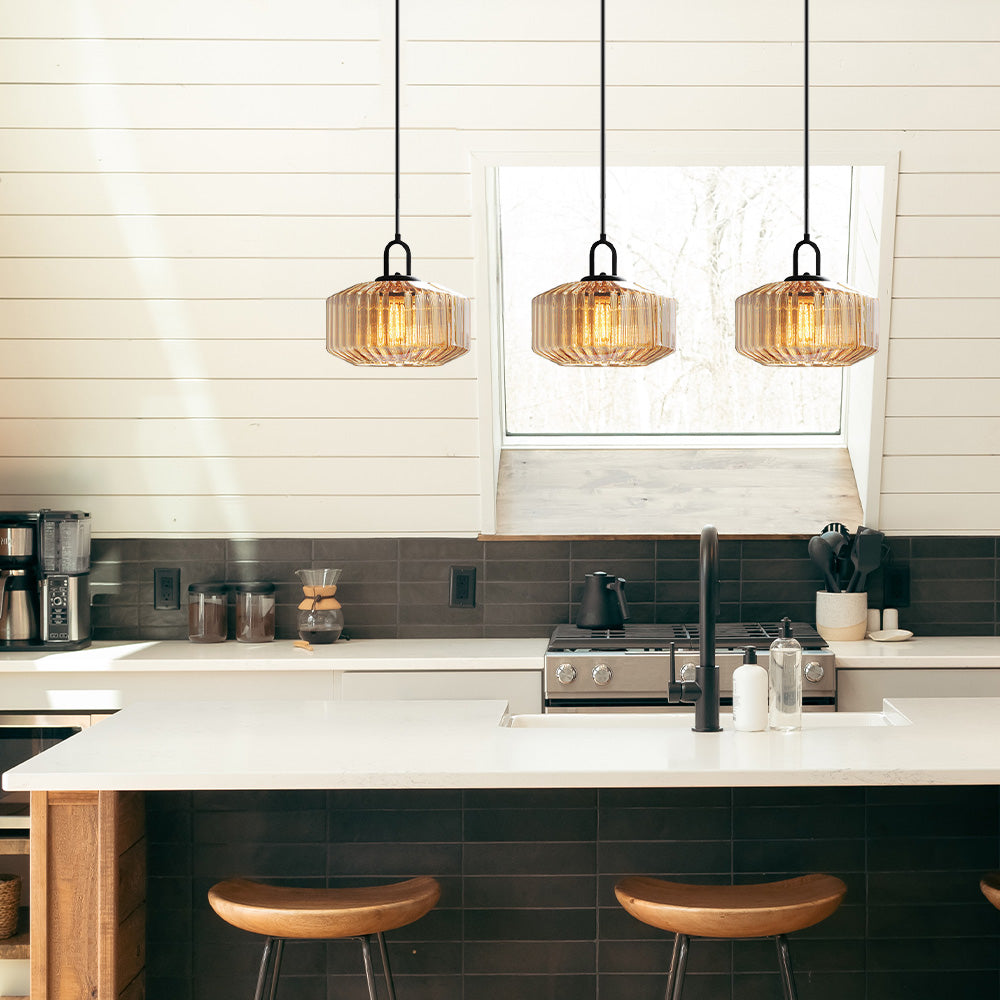 Mid Century Striped Glass Pendant Light - Retro Elegance & Warm Glow